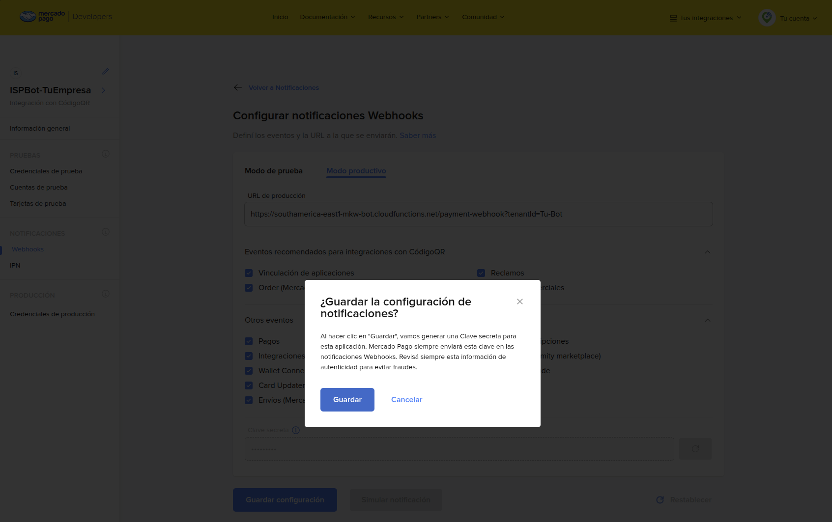 Guardar configuración de webhooks en Mercado Pago